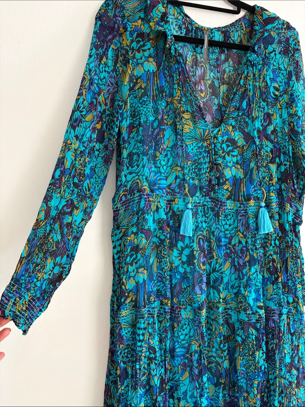 Anthropologie Teal Floral Long Sleeve Tiered Maxi Dress - Picture 6 of 9